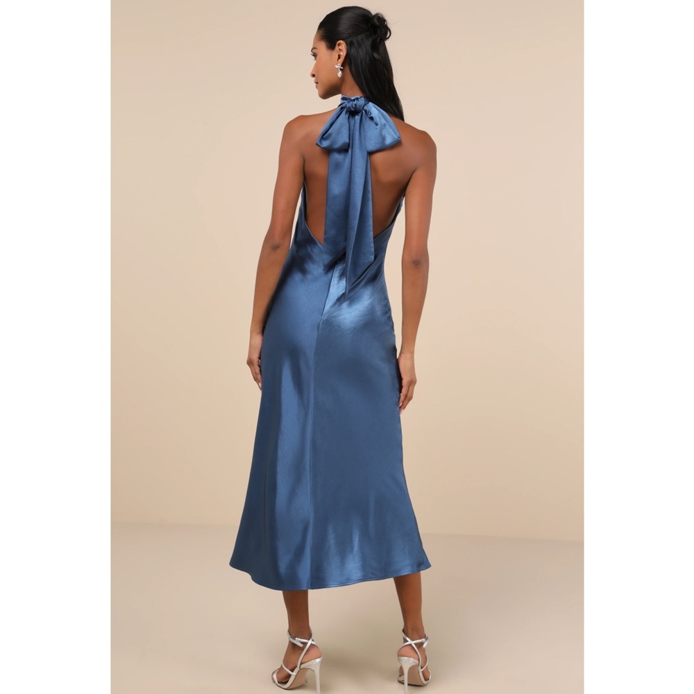 Lulus Exceptional Status Blue Halter Backless Slip Satin Tie-Neck Midi Dress NWT - Picture 2 of 15
